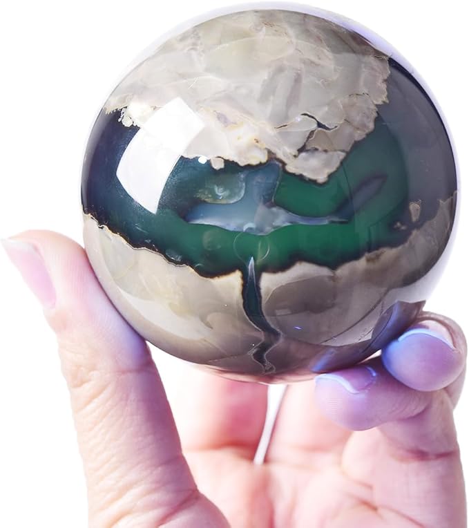 JIC Gem Volcanic Agate Crystal Sphere Large Quartz Crystal Ball with Stand Healing Ornament Witchcraft Meditation Decor 2.3-2.7 inch(60-70mm)