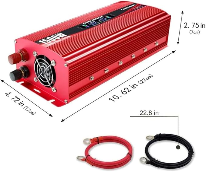 1500W Power Inverter 12V to 110V/120V Car Charger Converter with LCD Display, 3.1A Dual USB Ports 2 AC Outlets Car Adapter for RV, Truck, Solar, Off-Grid, Vehicle, Red