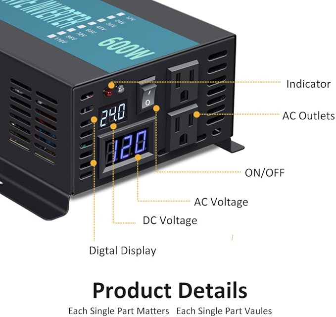 WZRELB Reliable Design Pure Sine Wave Inverter DC to AC 24VDC input 120VAC Output Off Grid Backup Power Supply Power Converter, (RBP60024B1)