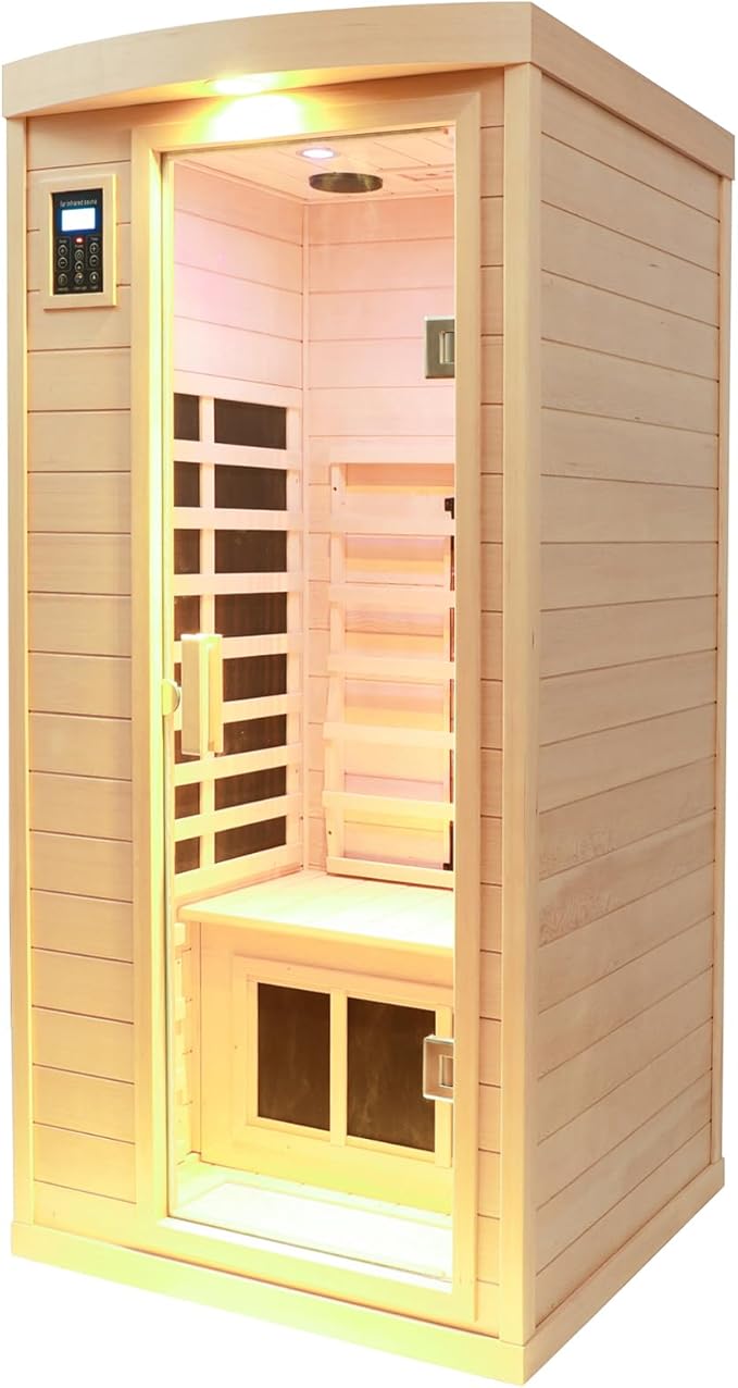 Ceramic Infrared Sauna with Backrest, 1 Person Low EMF Far Infrared Sauna for Home, 1300watt Canadian Hemlock Wood Indoor Saunas with 6 Heating Panels,Blue-Tooth Control, LCD Display