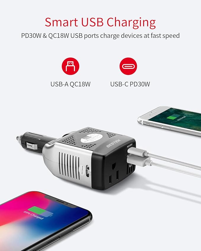 BESTEK 150W Power Inverter 12V to 110V Voltage Converter PD30W QC18W Car Charger Power Adapter with Charging Ports