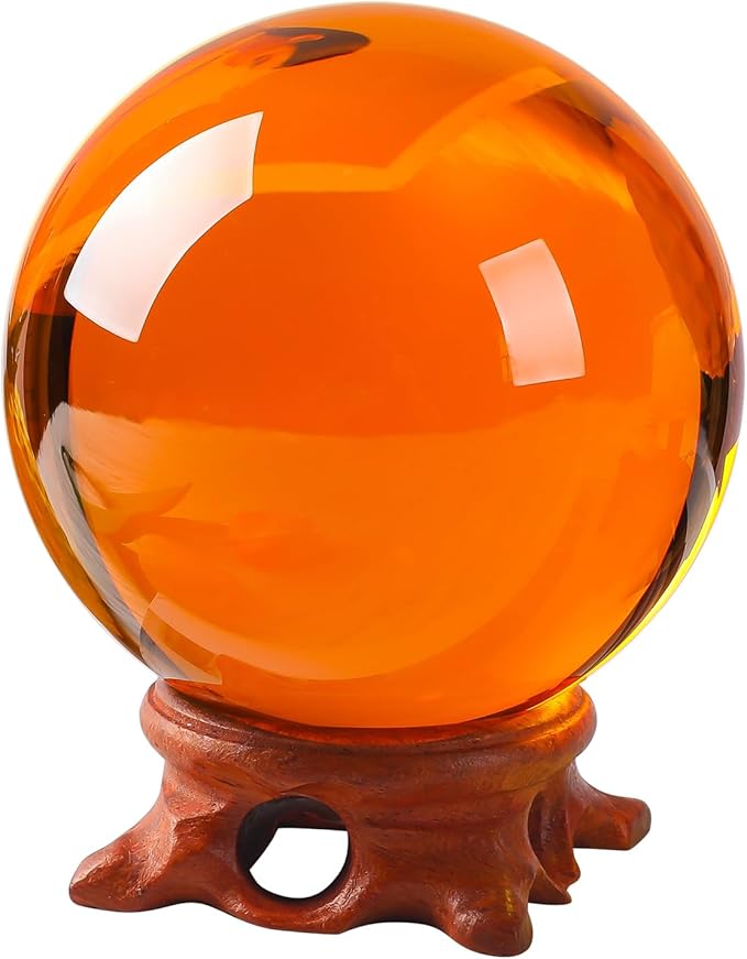Amber Crystal Ball 80mm/3.1 inch with Rose Wooden Stand and Gift Box for lensball Photography,Fortune Teller,Feng Shui, Witchcraft Decor,Scrying,Magic,Quartz Crystal Orb Prop Decorative Glass Sphere
