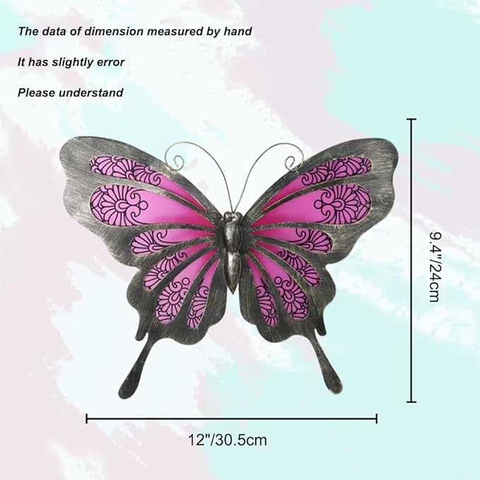 LIFFY Metal Butterfly Wall Art - 12" Glass Outdoor Wall Decor - Hanging Garden Decorations Outside - Metal Wall Art for Yard Fence Patio