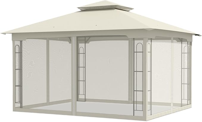COOS BAY 10x12 Outdoor Patio Gazebo with Netting, Two-Tier Soft Top Canopy for Backyard, Lawn, Deck and Garden, Beige