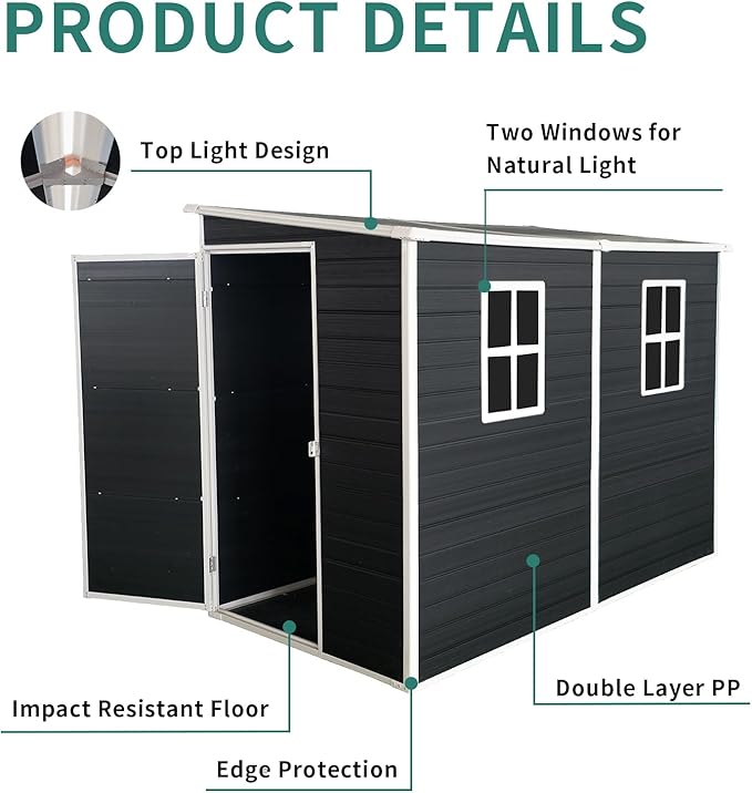 LANTRO JS Outdoor Storage Shed with Floor Included, 4x8FT Plastic Storage Shed with Floor with 2 Windows and Lockable Door, Backyard Storage Sheds for Garden Tools, Bike