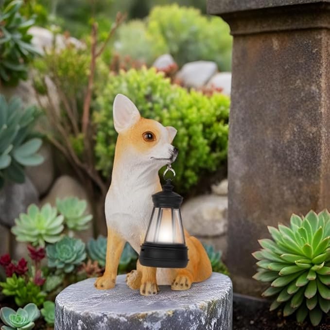 Chihuahua Garden Statues with Solar Lantern, Outdoor Figurine Resin Sculpture Hanging Solar Power Lights for Decoration Yard Patio Balcony Lawn Ornament Art Decor, Unique Gift for Grandma Wowen Mom