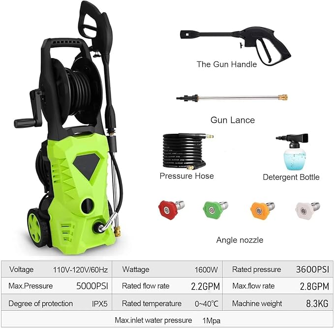 5000PSI Eectric Pressure Washer 2025 2.8GPM High Power Washer with 4 Pressure Nozzle and Soap Bottle for Home, Car Washing, Fence Cleaning, Patio (Green)
