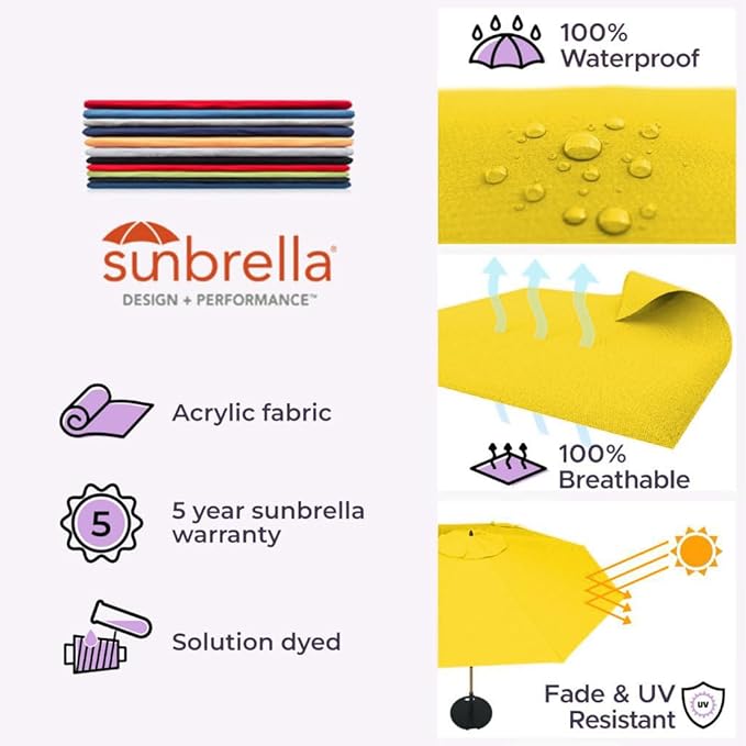 Midtown Umbrellas Sunbrella Umbrella Outdoor Patio Umbrella 2-9 Feet in Sunbrella Yellow Acrylic Fabric, Auto-Tilt Aluminum Frame For Backyard Umbrella, Deck Umbrella & Porch Umbrella - Wooden Pole