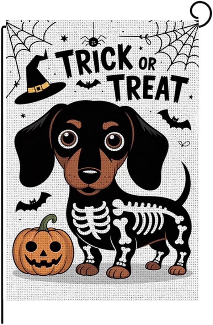 HTBIG Halloween Trick or Treat Garden Flags, Halloween Ghost Dog Pumpkin Decor, Yard Flags for Outside 12x18 inch, Holiday Skeleton Yard Outside for Home Decorations