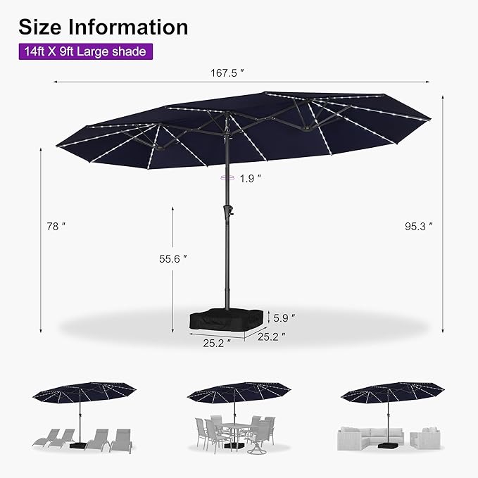 PURPLE LEAF 14ft Patio Umbrella with Solar Lights Outdoor Double-Side Market Umbrella with Base Included Rectangle Table Umbrella for Pool Garden Backyard, Navy blue