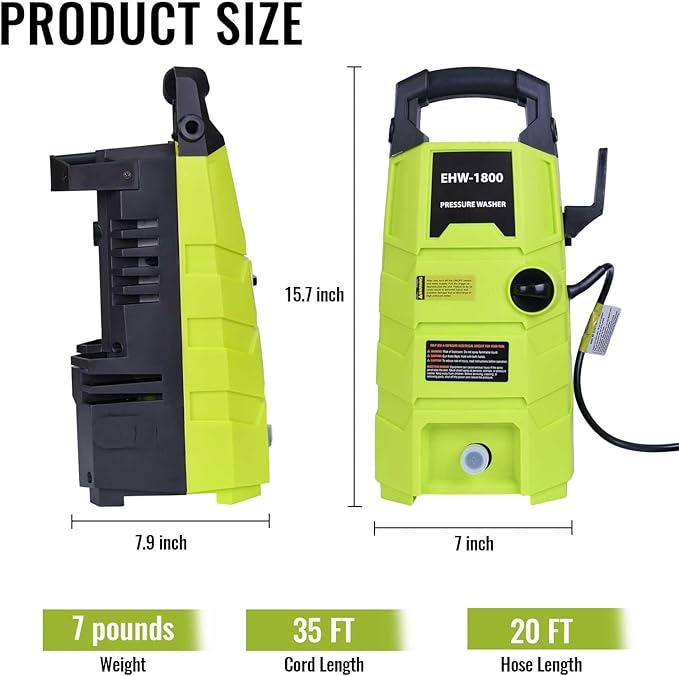 Electric Pressure Washer, 1800PSI 1.6GPM Portable Power Washer with 20FT Hose & 35FT Power Cord, Two Nozzles, 0.4L Soap Bottle for Car Driveways Patio Garden