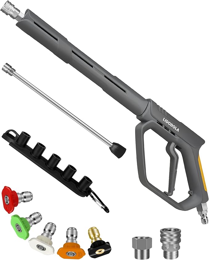 LidoDola 5000 PSI Pressure Washer Gun with Swivel - High Power Washer Gun with 3/8" Male Plug, 5 Nozzle Tips,Features 3 Selectable Lengths,Ergonomic Grip for Car/Driveway/Industrial Cleaning