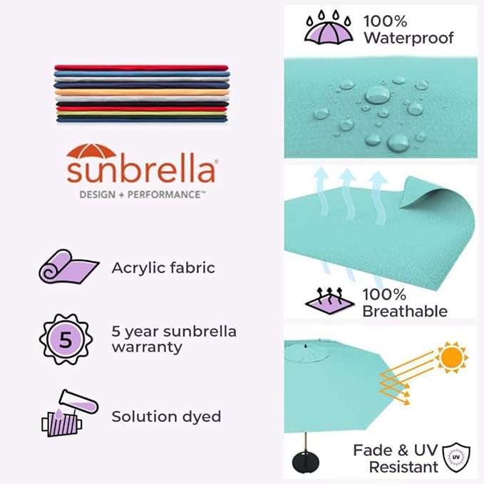 Midtown Umbrellas The Wooden 9 Feet Patio Umbrella With Sunbrella Aruba Acrylic Fabric - Aluminum Frame Market Umbrella For Backyard, Deck, Garden, Pool - Wooden Pole