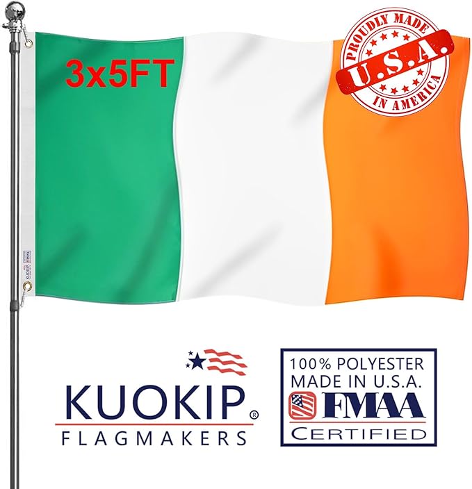 Double Sided Ireland Flag 3x5 Made in USA Outdoor Heavy Duty 3 Ply Polyester Irish Flag with White Starting Tape and 2 Brass Grommets