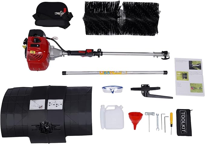 Handheld Sweeper 52CC 2 Stroke Gasoline Power Sweeper Outdoor Sweeping Broom 2.3HP Walk Behind Sweeper Cleaner 23.5'' Turf Lawns Driveway Grass Sweeping Cleaning Tool