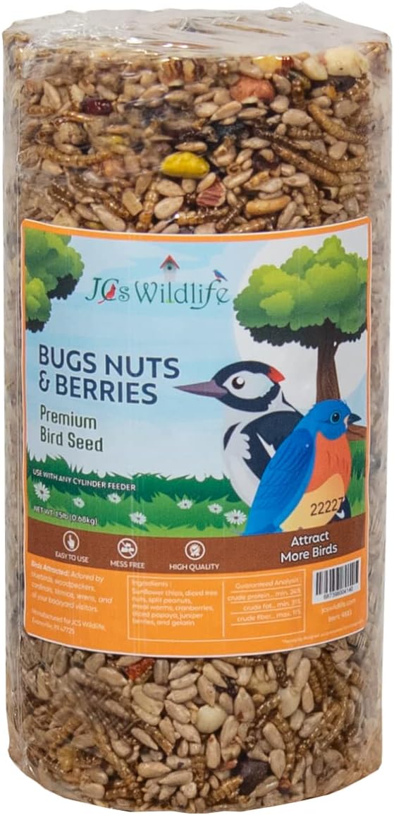 JCs Wildlife Premium Bird Seed Small Cylinder with Hole (Bugs, Nuts, & Berries)