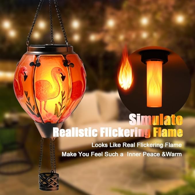 Hot Air Balloon Solar Lantern - Flamingo Stained Glass Lantern, Simulated Flickering & Dancing Flame, Outdoor Hanging Yard Light Waterproof IP65 for Patio Lawn Porch Decor Gift