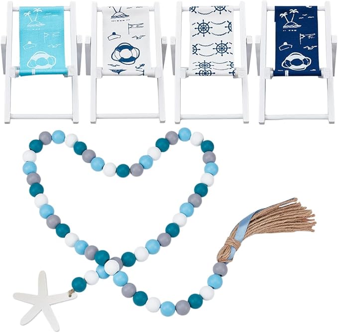 4Pcs 4 Styles Beach Chair Decor Dollhouse Miniature Furniture Accessories Foldable Wooden Beach Chair with 1Pcs Beads Pendant Mini Longue Deck Chairs Doll House Ornament Ocean Theme Decor