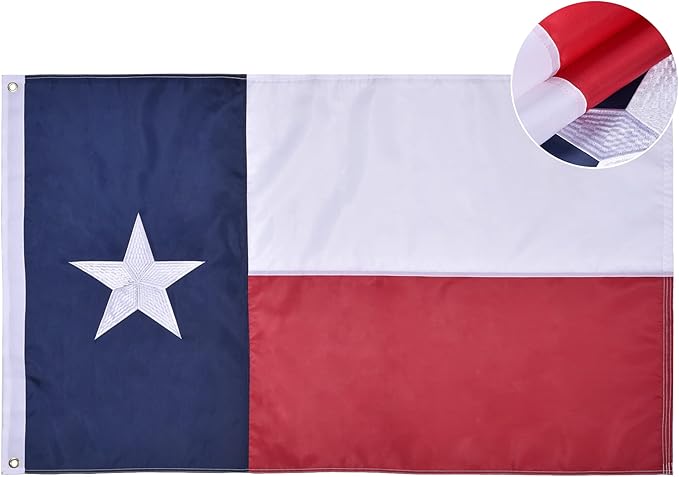 Texas State Flag 5x8 Ft, Deluxe Embroidered Premium Polyester Durable TX Flag with Sewn Stripes and Brass Grommets for Indoor/Outdoor Use