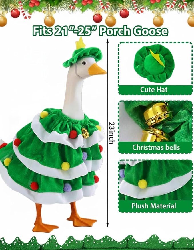 Christmas Porch Goose Outfits With Bells, 2 Pcs/Set Lawn Cement Goose Clothes, 23" Patio Yard Garden Geese Costume Decoration, Green