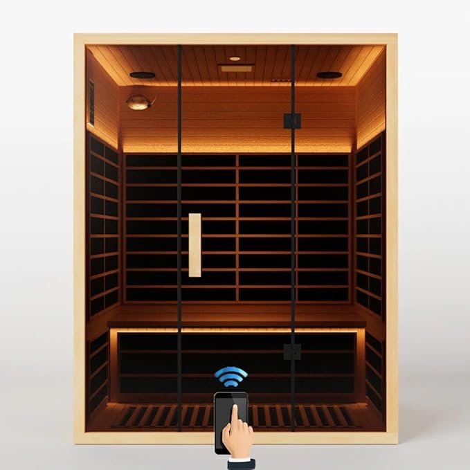 Low EMF Far Infrared Sauna for 3 Person, Canadian Hemlock Wood Sauna Room with Tempered Glass Door, WiFi Control, 220V, 12 Infrared Heaters, 2850W, Reading & 7-Color Starry Light, Oxygen Bar, Speaker