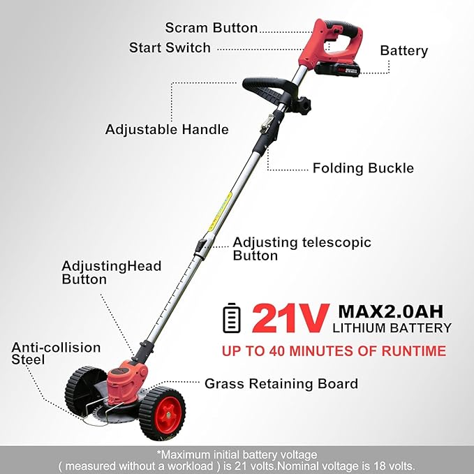 21V Cordless Grass Trimmer, Electric String Weed Wacker with 2.0Ah Lithium Battery, Telescopic Handle, 40 Min Runtime, 18000 RPM, Low Noise 92dB (Red)