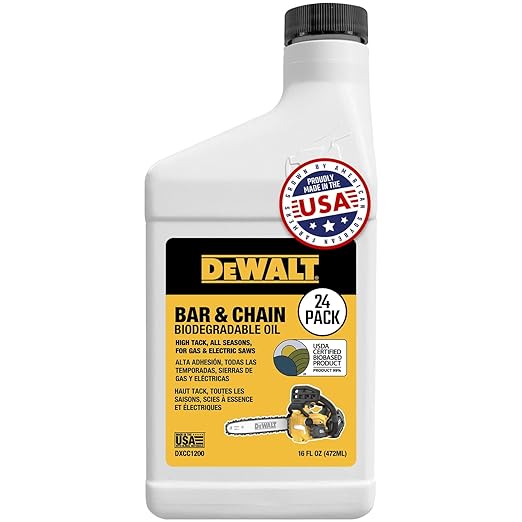 DEWALT – Biodegradable Bar & Chain Oil – Green, Eco-Friendly, Non-Toxic Professional Bar & Chainsaw Lubricant – Ultraclean All-Season Oil for Gas, Electric Saw, & Pole Saw, 16 oz (Case of 24)