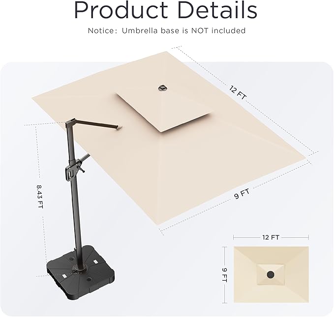 9' X 12' Cantilever Patio Umbrella 360°Rotation Rectangular Outdoor Large Offset Umbrellas Double Top Heavy Duty Windproof for Garden Deck Pool Backyard, Beige
