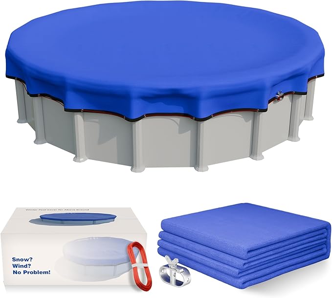 [Upgrade] 18ft/21ft/24ft Pool Cover for Above Ground Pools, 24 Feet Winter Round Swimming Pool Cover with 4 Foot Overlap Extra Thick 500D Cable & Heavy-Duty Winch 24 Foot Round Pool Covers