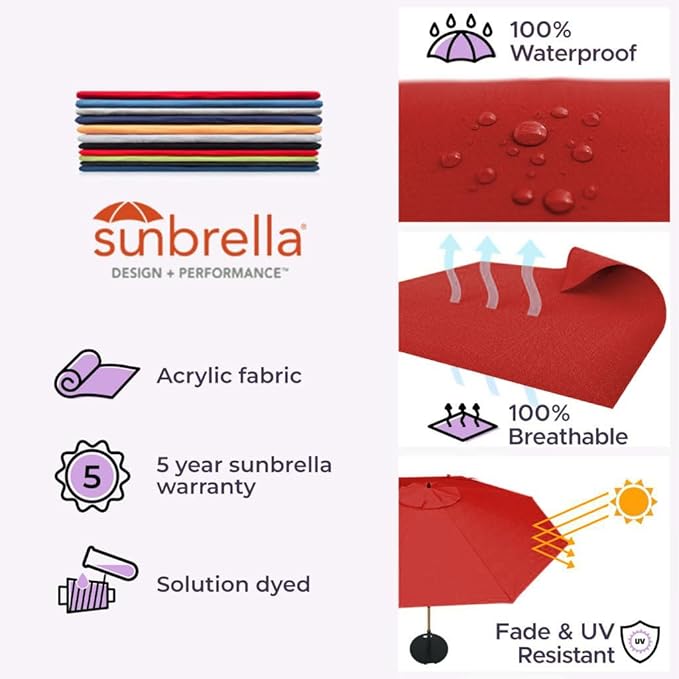 Midtown Umbrellas The Wooden 10 Feet Patio Umbrella With Sunbrella Red Acrylic Fabric - Aluminum Frame Market Umbrella For Backyard, Deck, Garden, Pool - Wooden Pole