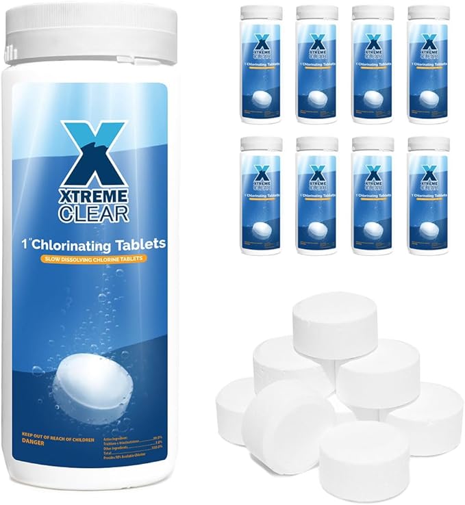 XtremeClear SuperDeal 9 Pack 1.5lbs Bottle 1" Chlorine Tablets Bottle 1.5 lbs Chlorinating Tabs for Swimming Pools, Spa, Hot Tubs, Small Pool, Slow Dissolving, 9 Pack