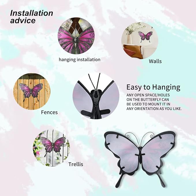LIFFY Metal Butterfly Wall Art - 12" Glass Outdoor Wall Decor - Hanging Garden Decorations Outside - Metal Wall Art for Yard Fence Patio