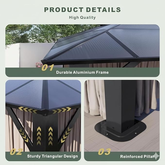 10x12 Hardtop Gazebo with Curtains and Netting, Double Roof Polycarbonate Canopy, Heavy-Duty Aluminum Frame – All-Weather, UV & Rust Resistant for Patio, Garden, and Deck