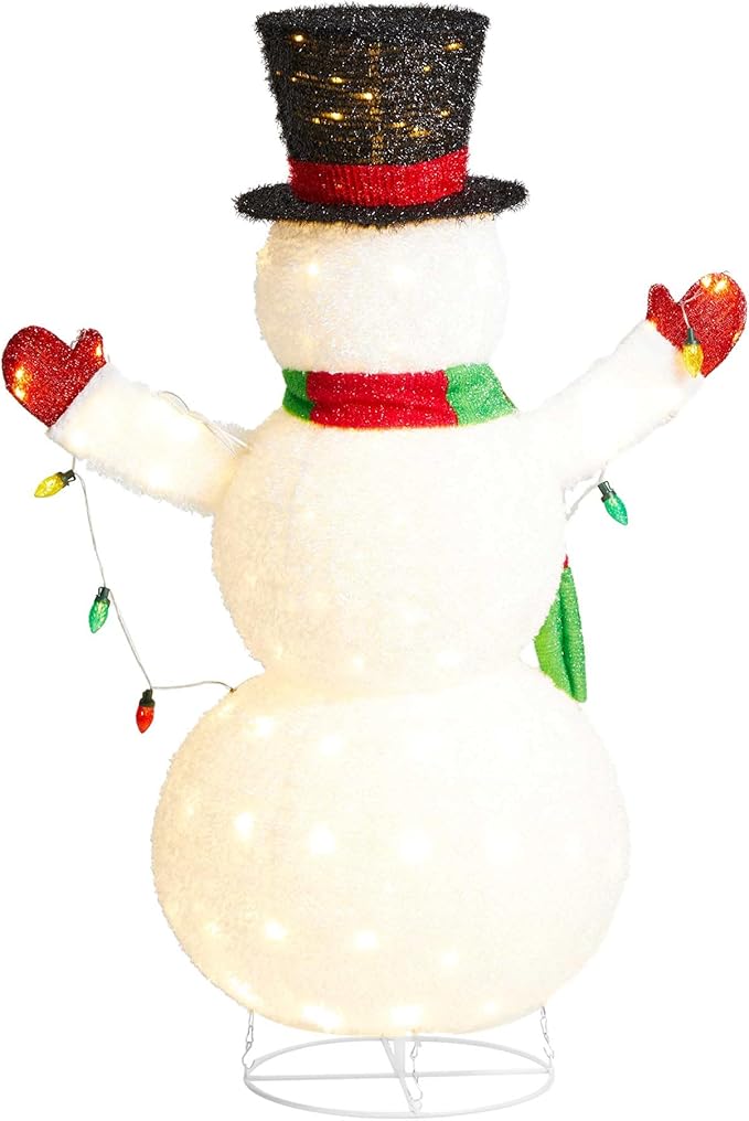 Glitzhome 47.25" H Lighted Christmas Snowman, 3D Foldable Fabric Outdoor Decor with Colorful Bulbs Holiday Lawn Ornament Yard Decoration Outdoor and Indoor use Long-Lasting, 160 Warm White LED