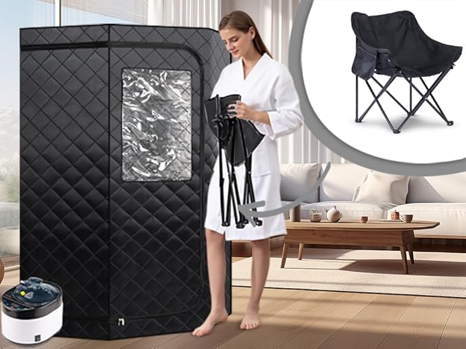 ZONEMEL Full Size Portable Steam Sauna, Personal Home Spa, 1500 Watt 4 Liter Steamer with Remote Control, Timer, Upgraded Portable Chair (Black, 63in-Height)
