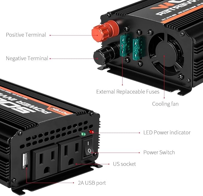 POTEK 500W Power Inverter/Car Inverter DC 12V to AC 110V Dual AC Charging Port and 2A USB Ports for Laptop, Smart Phone