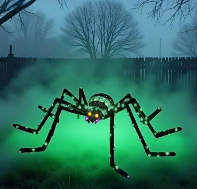6.8Ft Giant Spider Halloween Decorations Outdoor 82" Light Up Spider with 115 LED Lights for Front Yard, Porch, Garden, Lawn, Halloween Party (Green)