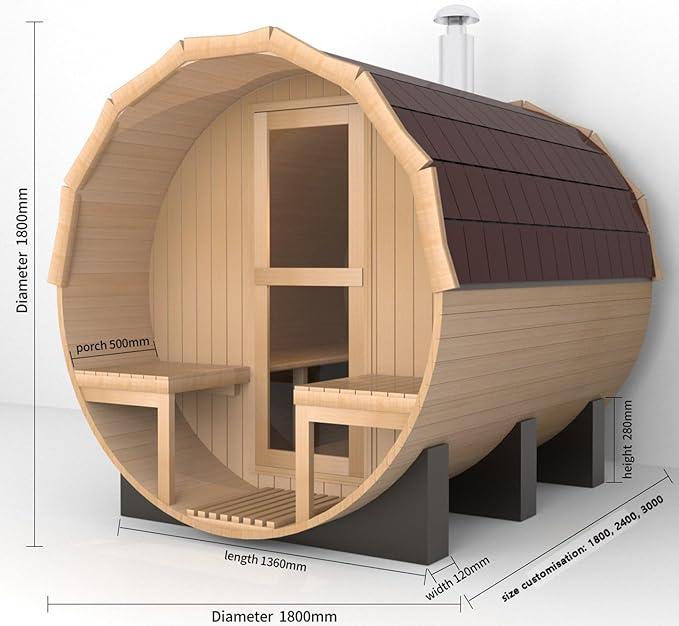 Customize Wood Burning Sauna 4-8 Person, Outdoor Canadian Red Cedar Barrel Sauna with Porch, Glass Window Option, Scenic Porch, Wood Stove, Luxurious Texture
