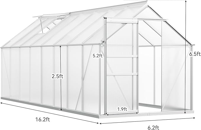 YITAHOME 6x16FT Polycarbonate Greenhouse Large Heavy Duty Green Houses Outdoor Aluminum Greenhouses with Sliding Doors Vent Window Walk-in Greenhouse for Garden Backyard, Silver