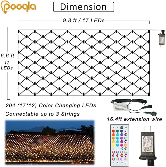 Color Changing Christmas Net Lights 9.8x6.6 ft RGB LED Net Mesh Lights with Remote for Xmas Tree Connectable Plug in, Bushes, Wedding, Garden, Indoor, Outdoor Halloween Decorations