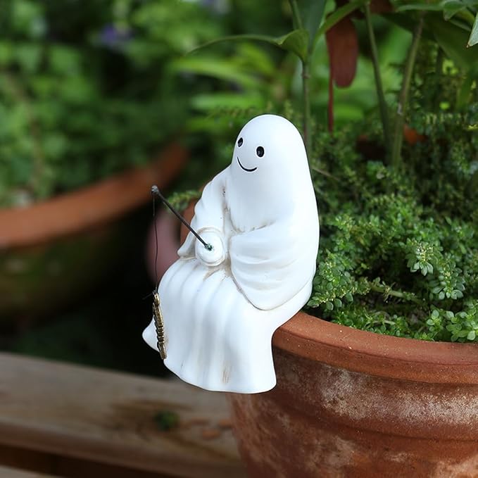 Fishing Ghost Statue Funny Halloween Decorations, 3.35 Inch Cute Sitting Ghost Figurine Shelf Sitter Resin Sculpture for Outdoor Garden Yard Lawn Pond Waterfalls Pool Ornaments