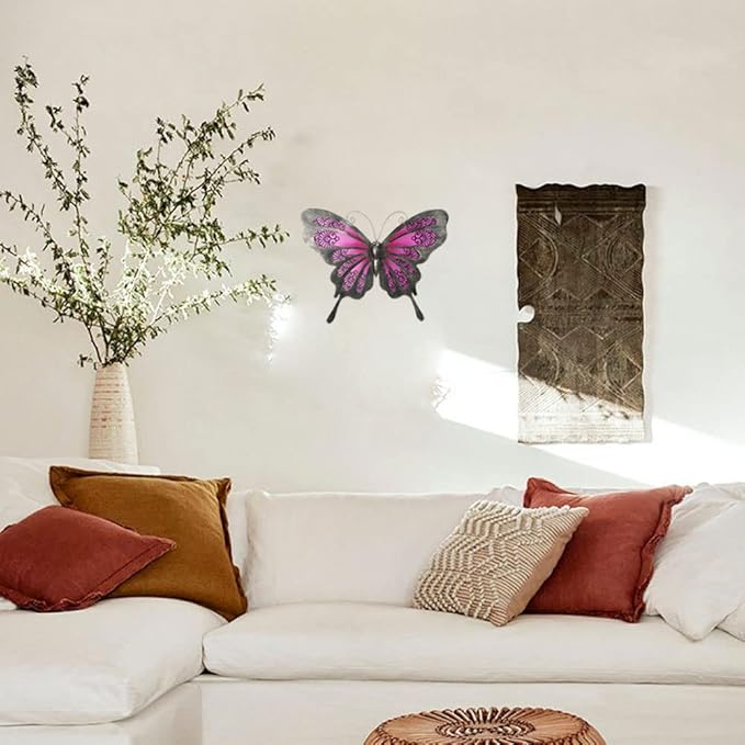 LIFFY Metal Butterfly Wall Art - 12" Glass Outdoor Wall Decor - Hanging Garden Decorations Outside - Metal Wall Art for Yard Fence Patio