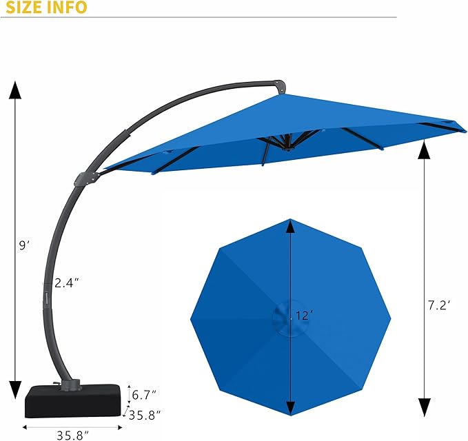 Kingdura 12ft Offset Cantilever Patio Umbrella with Base Included, Large Round Aluminum Outdoor Umbrella, 360° Rotation & Infinite Tilt, Heavy Duty Frame for Deck Pool Backyard, Royal blue