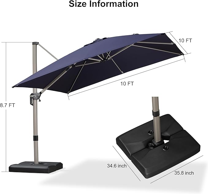 PURPLE LEAF 10FT Patio Umbrella with Base Cantilever Umbrella Square Outdoor Offset Umbrella with Champagne Frame and 360° Rotation for Garden Deck Pool, Navy Blue