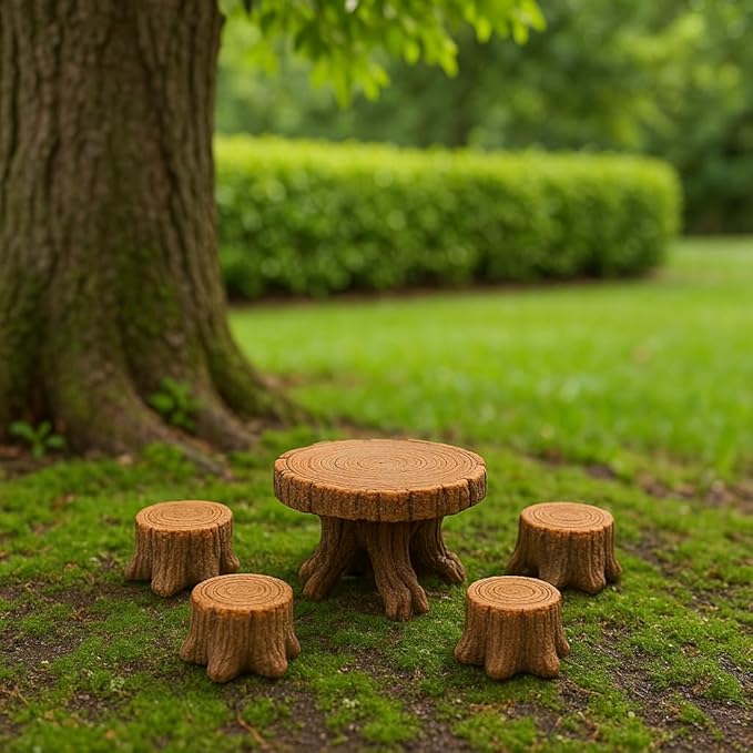 Miniature Tree Stump Garden Furniture Set, Brown Resin, Fairy Garden Decor, Indoor Outdoor Terrarium Accessories for Micro Landscape