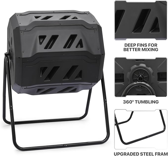 MoNiBloom 43 Gallon Compost Tumbler, Outdoor BPA Free Large Dual Chamber Tumbling Compost Bin All-Season Fast Working Tumbling Composter, High Volume Composter with 2 Sliding Doors