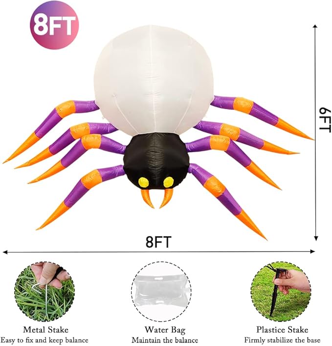 DomKom 8FT Halloween Inflatable Decorations Spider, Build-in Magic LED Lights Holiday Blow Up Yard Decoration for Halloween Holiday Party Outdoor,Garden Yard Lawn Decor