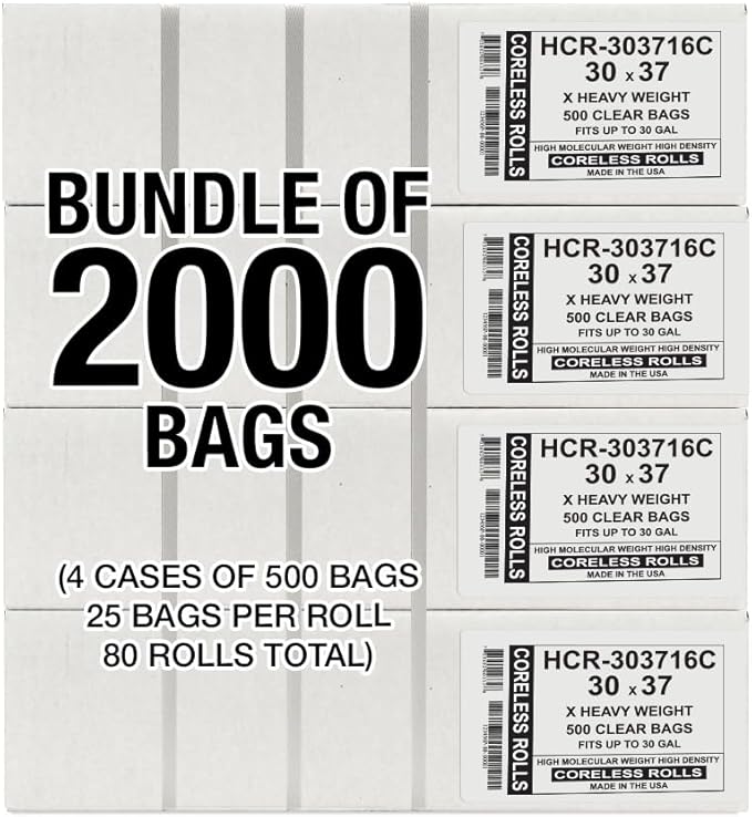 Aluf Plastics High Density Trash Bags, 30 Gallon, 2000 Count, 16 Micron (eq), 30" x 37", Clear, for Bathroom, Office, Industrial, Commercial, Janitorial, Municipal, Recycling