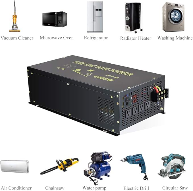 WZRELB 6000W 24V 120V Pure Sine Wave Power Inverter 4 AC Outlets Wired Remote Control,RV, Camping