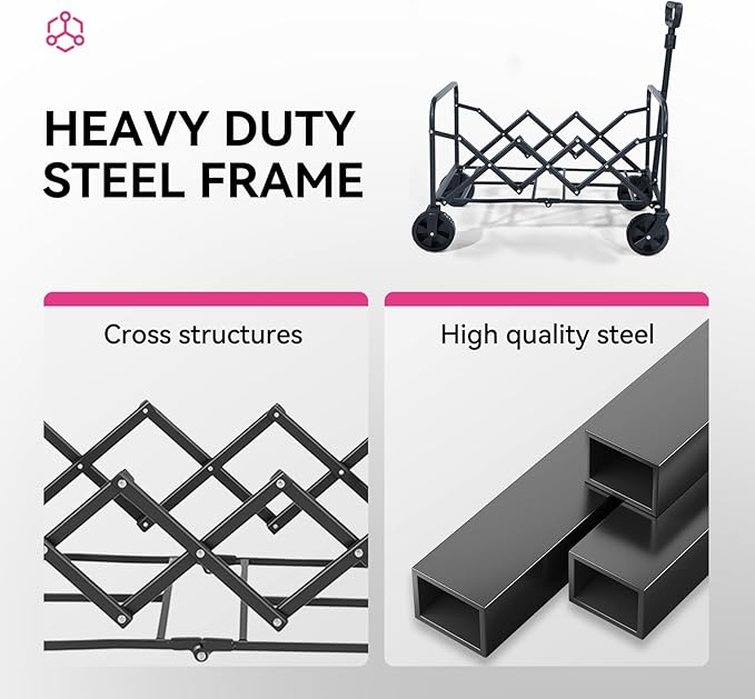 Collapsible Folding Wagon, Heavy Duty Pink Foldable Wagon Cart with Wheel, Lightweight Utility Grocery Cart with 200lbs Weight Capacity for Garden, Beach, Camping Sports, Fishing